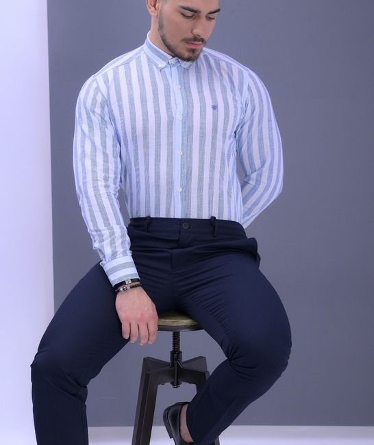 Ανδρικό κομψό λινό πουκάμισο με μπλε ρίγες