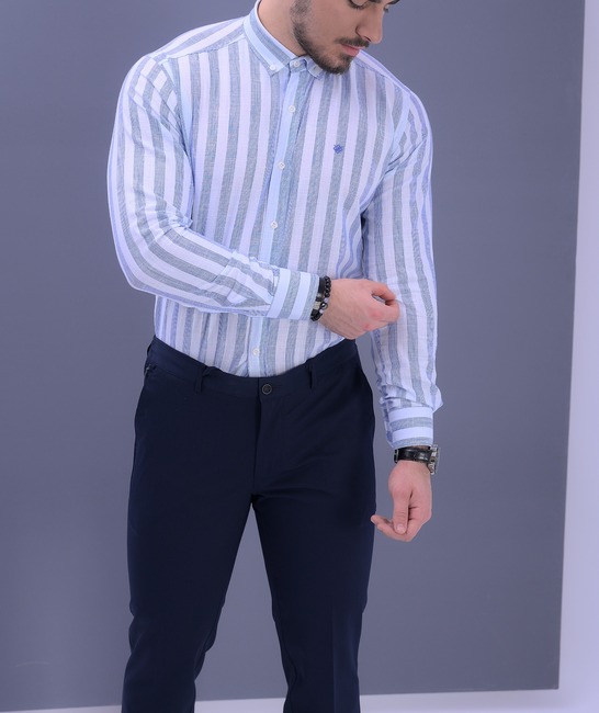 Ανδρικό κομψό λινό πουκάμισο με μπλε ρίγες