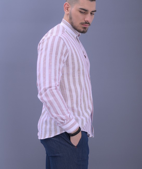 Κομψό λινό πουκάμισο σε μπορντό ριγέ