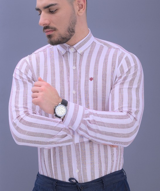 Κομψό λινό πουκάμισο σε μπορντό ριγέ