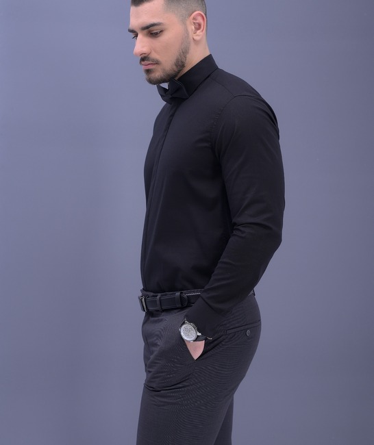 Μαύρο ανδρικό αμπιγέ πουκάμισο με κρυφό κούμπωμα