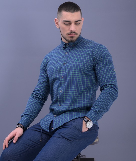 Κομψό ανδρικό καρό πουκάμισο σε μπλε χρώμα