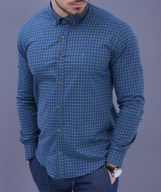 Κομψό ανδρικό καρό πουκάμισο σε μπλε χρώμα