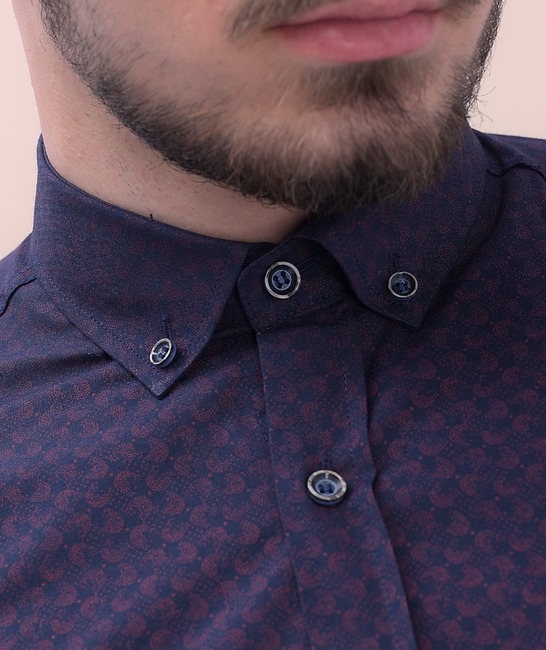 Μπλε ανδρικό κομψό πουκάμισο με μπορντό πουά