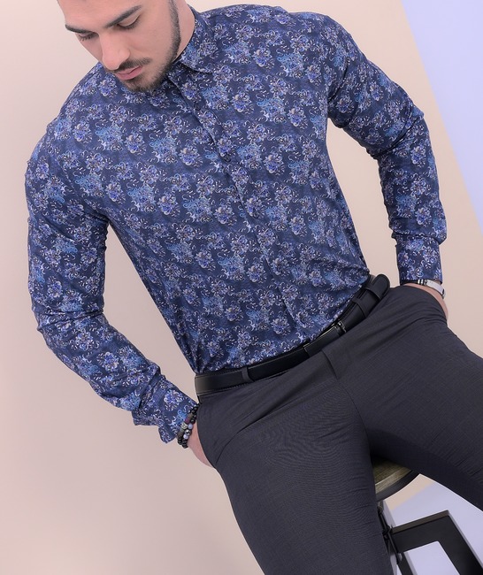 Αμπιγιέ μπλε ανδρικό πουκάμισο με έγχρωμη στάμπα