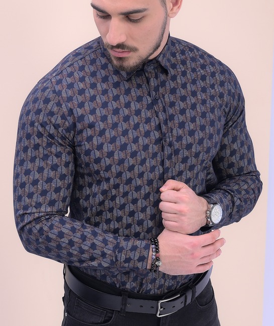Κομψό ανδρικό πουκάμισο με χρωματιστούς κύκλους σε σκούρο μπλε