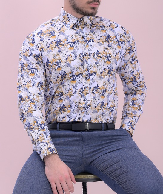 Ανδρικό πουκάμισο με μπλε και κίτρινα λουλούδια