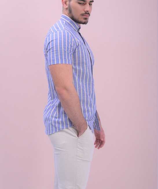 Ανδρικό κοντομάνικο λινό ριγέ πουκάμισο σε μπλε χρώμα