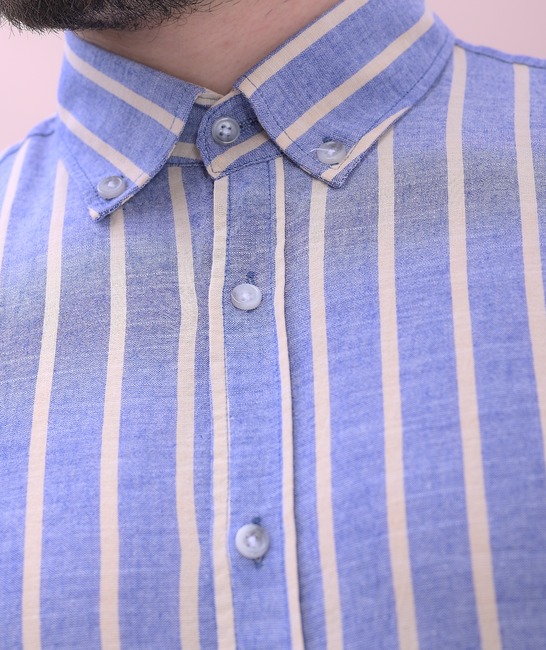 Ανδρικό κοντομάνικο λινό ριγέ πουκάμισο σε μπλε χρώμα