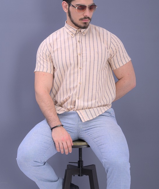 Ανδρικό λινό πουκάμισο σε μπεζ χρώμα με καφέ ρίγες
