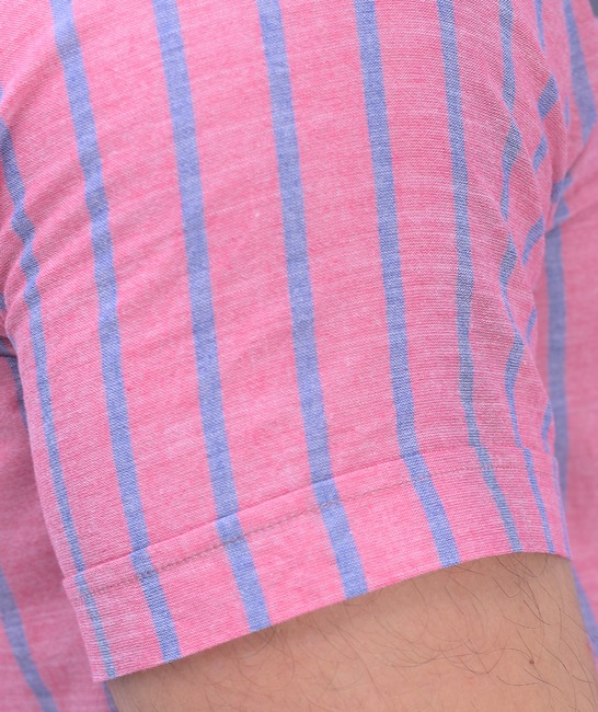 Κομψό ανδρικό κοντομάνικο πουκάμισο χρώμα καρπουζί με μπλε ρίγα