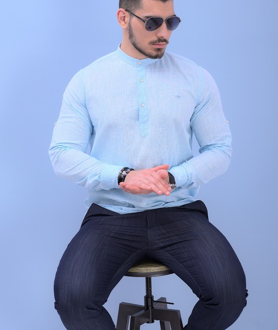 Ανδρικό λινό πουκάμισο με γιακά μάο 