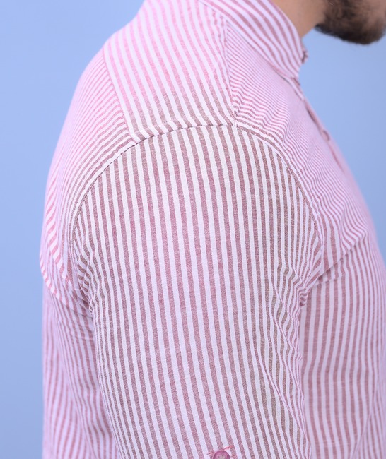Ανδρικό λινό πουκάμισο ριγέ σε μπορντό και λευκό