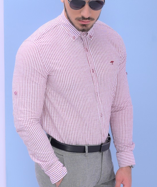 Ανδρικό λινό πουκάμισο ριγέ σε μπορντό και λευκό