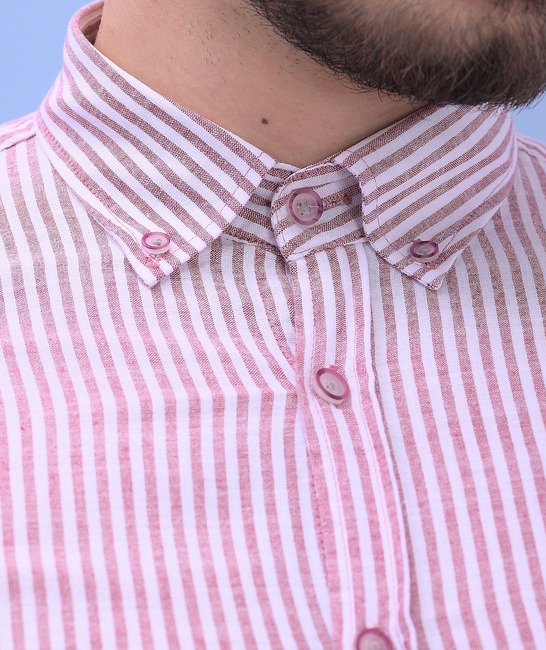 Ανδρικό λινό πουκάμισο ριγέ σε μπορντό και λευκό