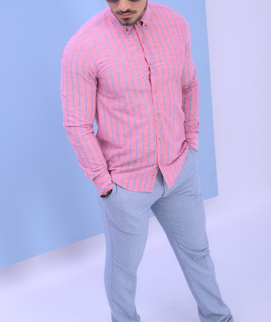 Λινό ανδρικό πουκάμισο σε γαλάζιο ριγέ χρώμα καρπουζί 