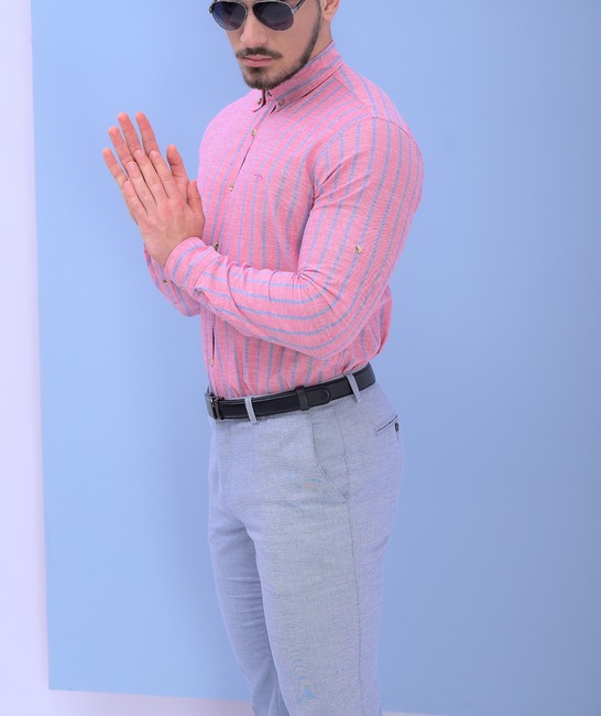 Λινό ανδρικό πουκάμισο σε γαλάζιο ριγέ χρώμα καρπουζί 