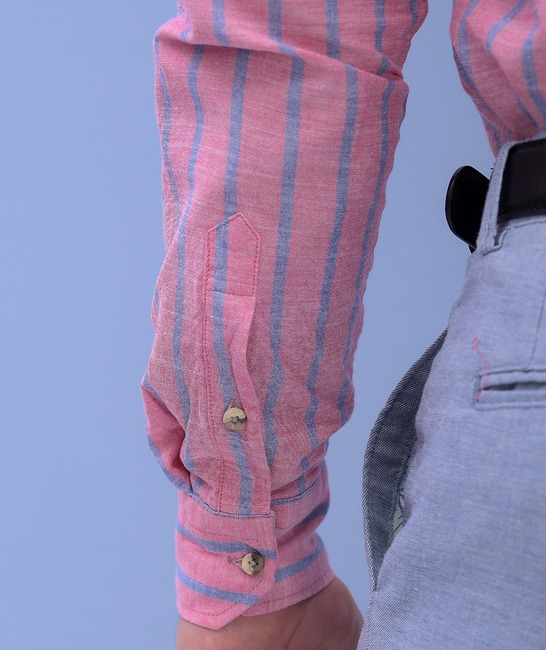 Λινό ανδρικό πουκάμισο σε γαλάζιο ριγέ χρώμα καρπουζί 