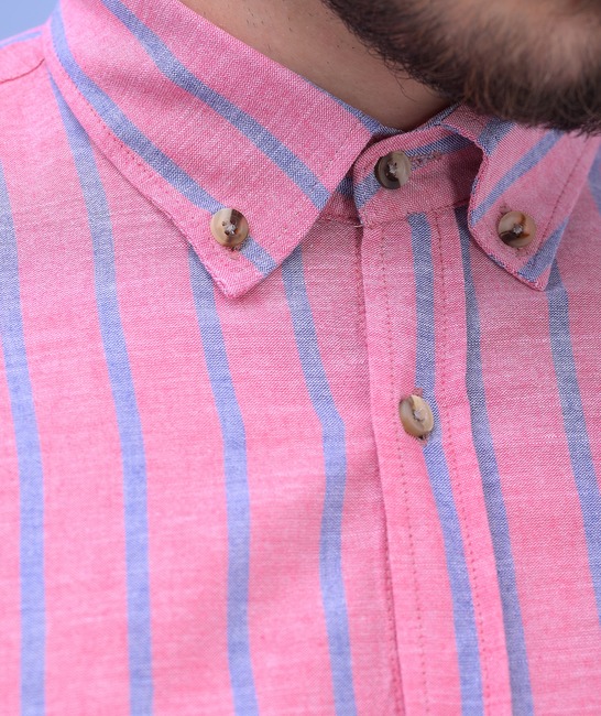 Λινό ανδρικό πουκάμισο σε γαλάζιο ριγέ χρώμα καρπουζί 