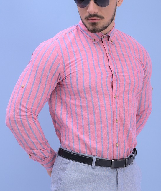 Λινό ανδρικό πουκάμισο σε γαλάζιο ριγέ χρώμα καρπουζί 