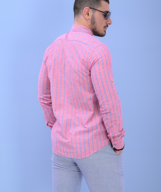 Λινό ανδρικό πουκάμισο σε γαλάζιο ριγέ χρώμα καρπουζί 