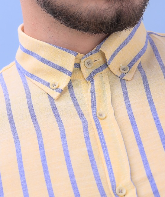 Μακρυμάνικο κίτρινο και μπλε λινό ριγέ πουκάμισο