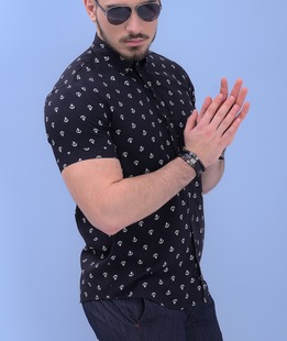 Μαύρο κοντομάνικο πουκάμισο με άγκυρες