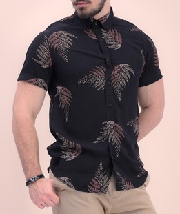 Μαύρο κοντομάνικο πουκάμισο με φύλλα 