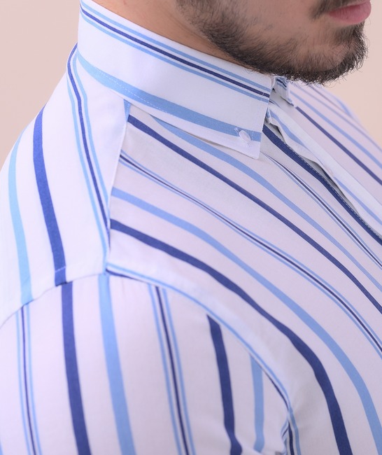 Λευκό ανδρικό κοντομάνικο μπλε ριγέ πουκάμισο 