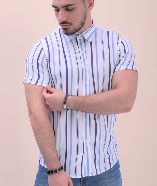 Λευκό ανδρικό κοντομάνικο μπλε ριγέ πουκάμισο 
