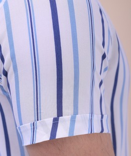 Λευκό ανδρικό κοντομάνικο μπλε ριγέ πουκάμισο 