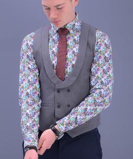 Πολυτελές ανδρικό γκρι γιλέκο διπλή σειρά κουμπιά  με μεγάλο πέτο