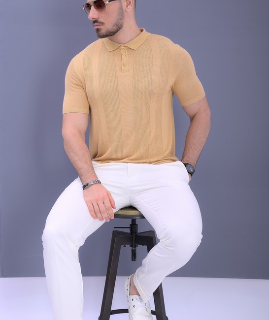 Βαμβακερό ανδρικό πόλο μπλουζάκι με κοντό μανίκι σε μουσταρδί χρώμα