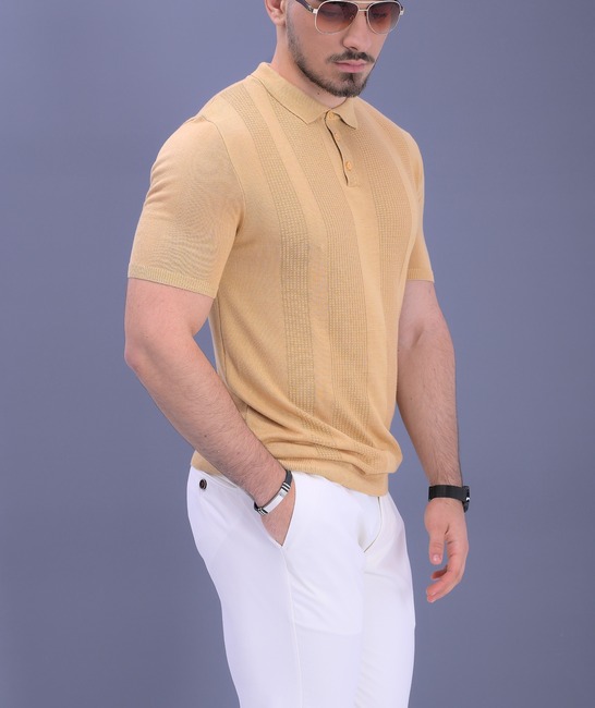 Βαμβακερό ανδρικό πόλο μπλουζάκι με κοντό μανίκι σε μουσταρδί χρώμα