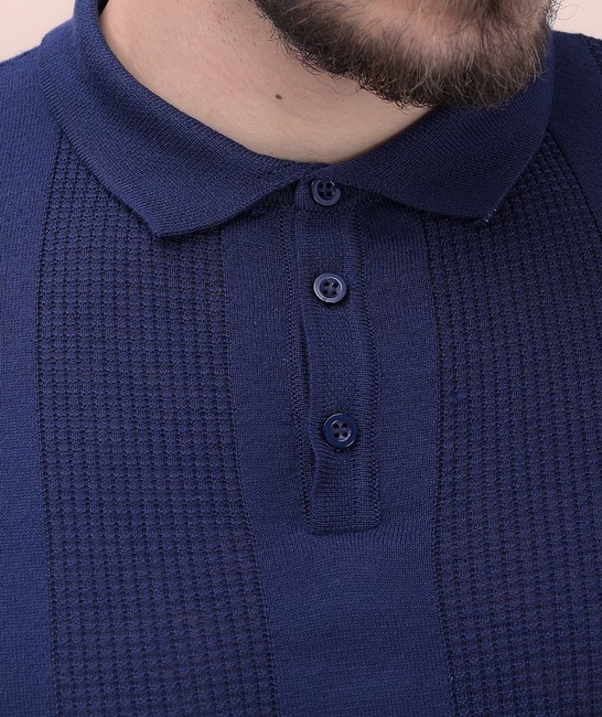 Ανδρικό βαμβακερό πλεκτό μπλουζάκι με γιακά σε σκούρο μπλε