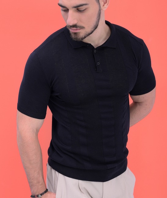 Ανδρικό κοντομάνικο βαμβακερό πλεκτό μπλουζάκι σε μαύρο χρώμα