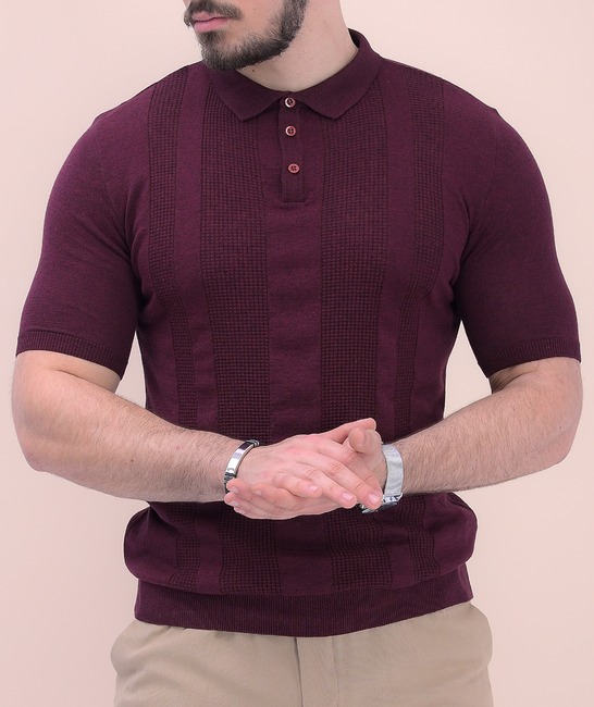 Ανδρικό βαμβακερό πλεκτό μπλουζάκι με γιακά σε μπορντό χρώμα