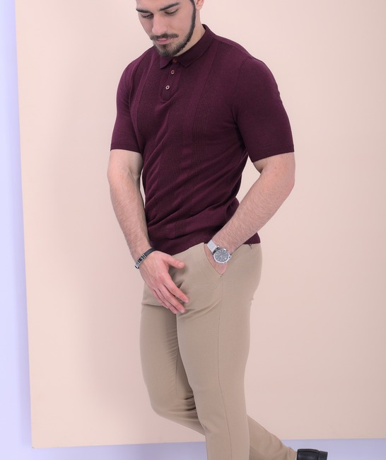 Ανδρικό βαμβακερό πλεκτό μπλουζάκι με γιακά σε μπορντό χρώμα