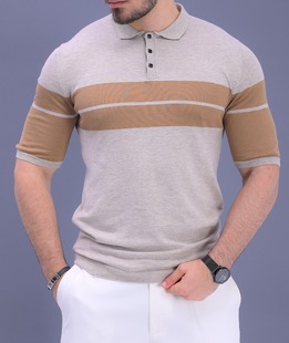 Ανδρικό πλεκτό μπλουζάκι με γιακά σε μπεζ χρώμα με καφέ ρίγες