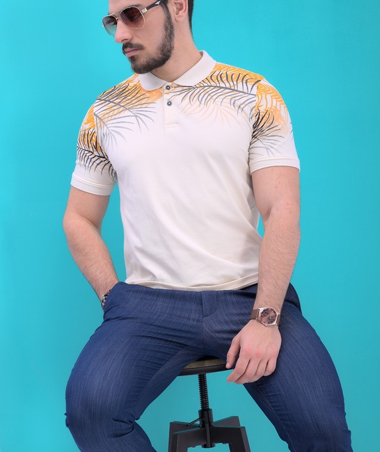 Ανδρικό πουκάμισο πόλο με τροπικά φύλλα σε μπεζ χρώμα
