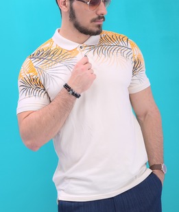 Ανδρικό πουκάμισο πόλο με τροπικά φύλλα σε μπεζ χρώμα