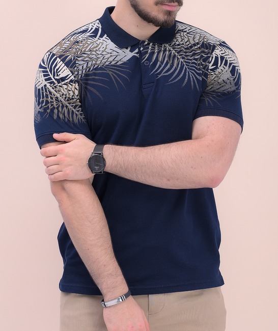 Ανδρικό κοντομάνικο μπλουζάκι με γιακά  σε σκούρο μπλε 