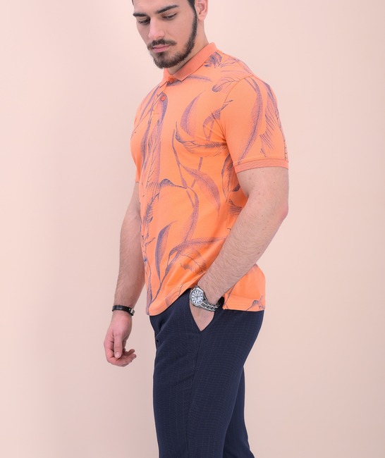 Ανδρικό μπλουζάκι τύπου Lacoste σε πορτοκαλί χρώμα 
