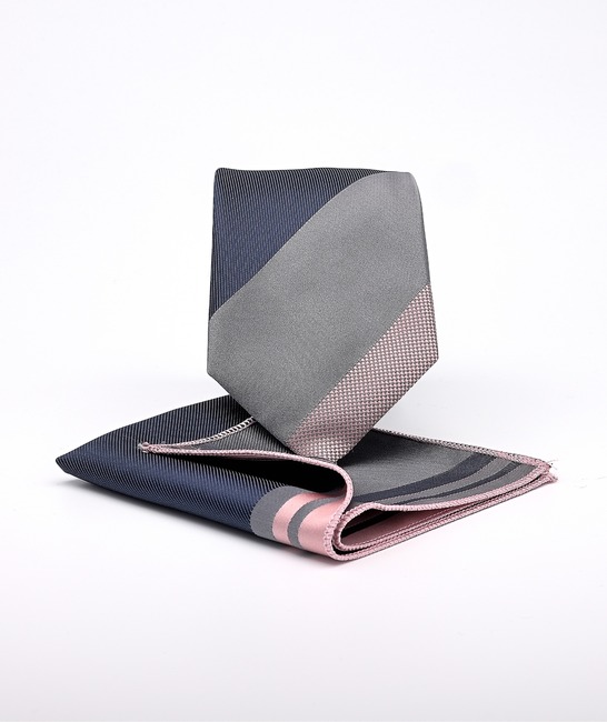 γραβάτα σε μπλέ βάση με διαγώνια γκρι και ροζ ρίγα,σετ με μαντηλάκι