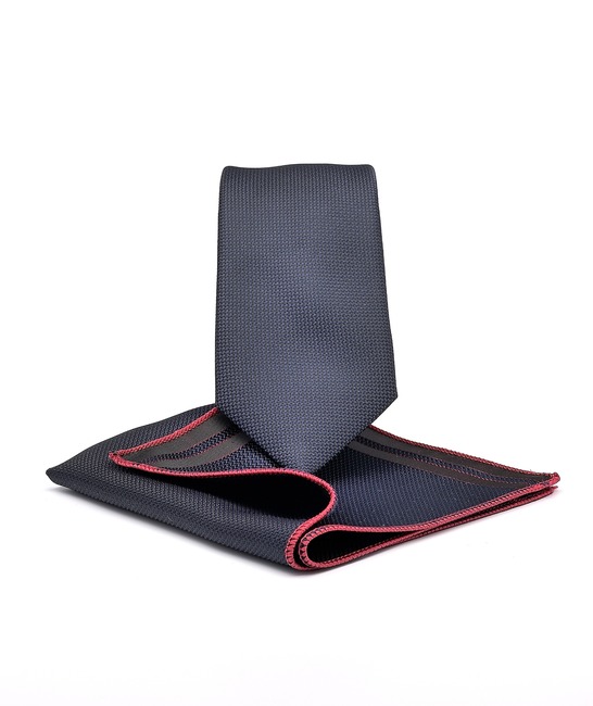 Μπλέ γραβάτα ανάγλυφη υφή  σετ με μαντηλάκι