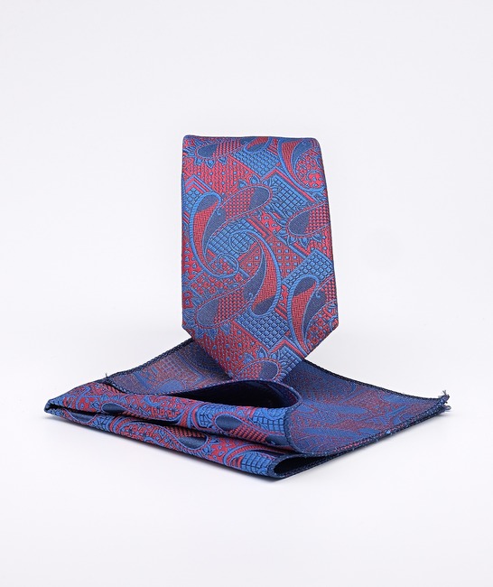 Μπλε λεπτή γραβάτα σετ με μαντηλάκι σχέδιο λαχούρι