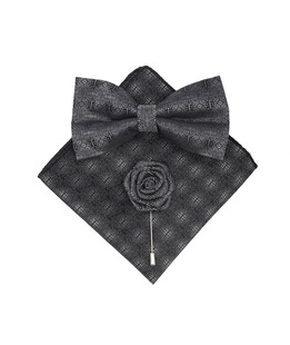 Ανδρικό παπιγιόν σε γκρι μαύρο σετ με καρφίτσα και μαντηλάκι 