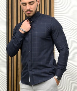 Σκούρο μπλε βαμβακερό ανδρικό πουκάμισο με λεπτό καρό 