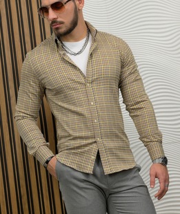 Κομψό καρό πουκάμισο σε κίτρινο χρώμα πυκνό ύφασμα 