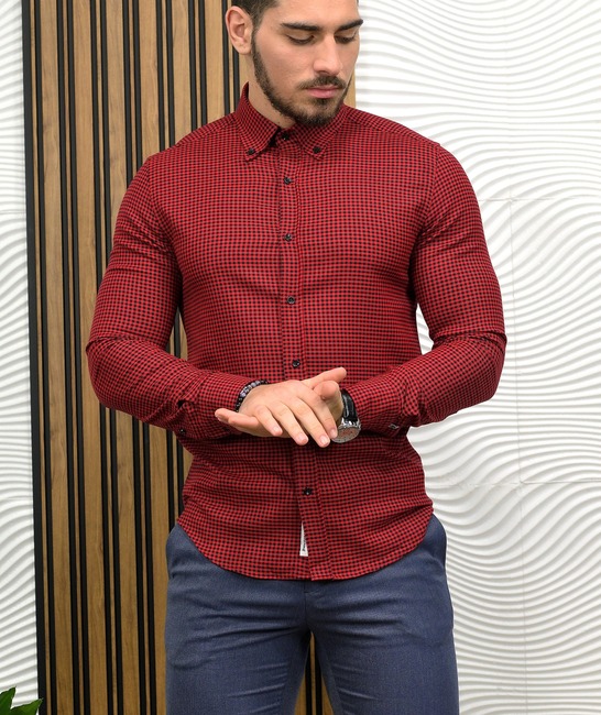 Κομψό καρό πουκάμισο σε κόκκινο χρώμα χοντρό ύφασμα